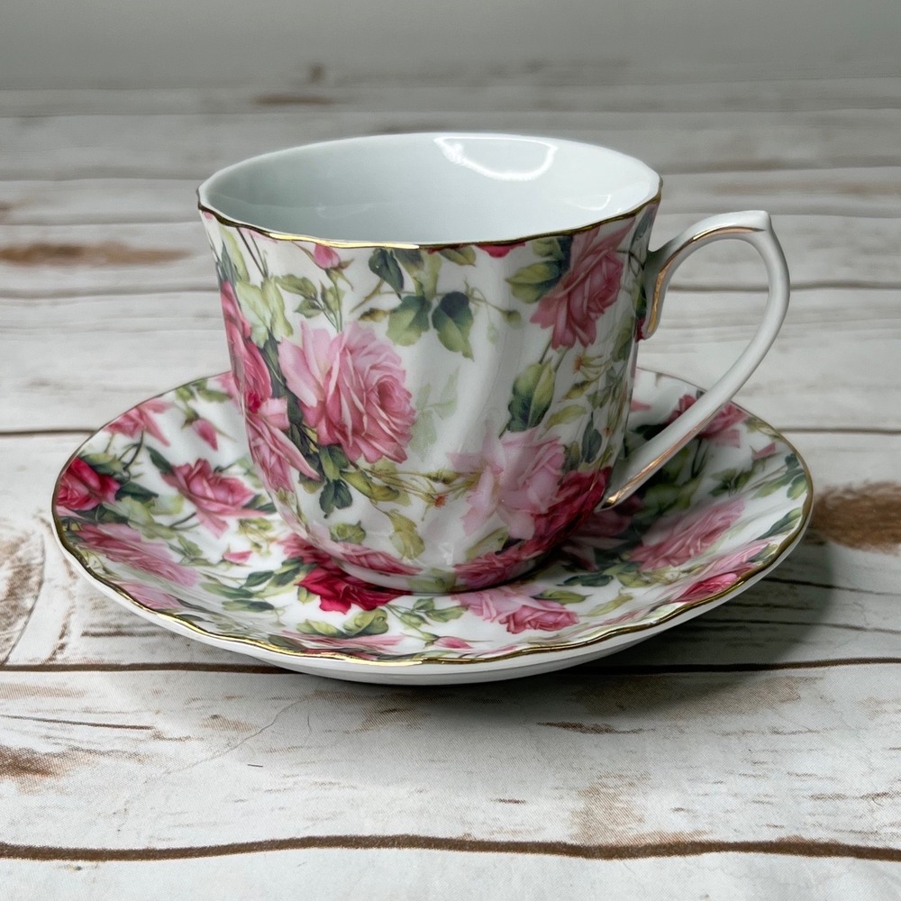 Victoria's Garden Teacup Saucer Set Pink Rose‎ Floral Gold Trim Porcelain White